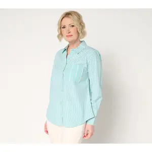 Joan Rivers Stretch Cotton Button Front Mixed Stripe Shirt