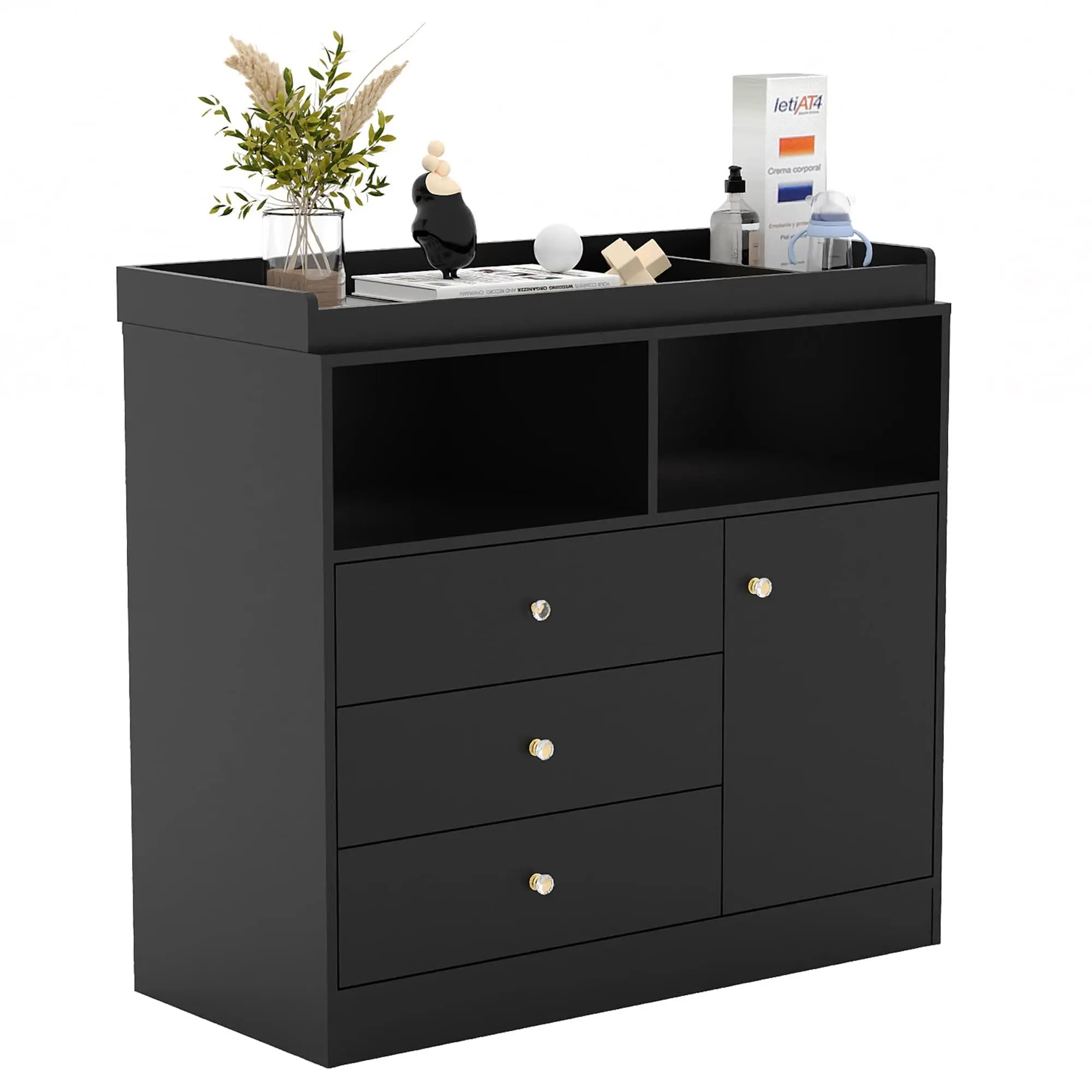 Nursery Dresser with Changing Table Top, Tall Wooden Diaper Changing Station with Open Shelves, Drawers and Cabinet