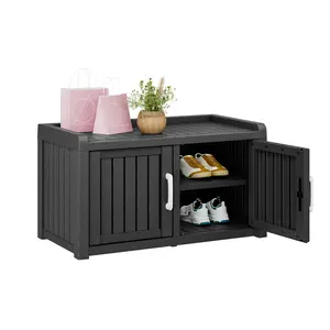 2-in-1 Storage Bench & Shoe Cabinet, 50 Gallon Waterproof Wood-Grain Outdoor Seat with Table – 550 lbs Capacity, Top Fence Anti-Fall Design, PP Material for Entryway, Patio, Garden