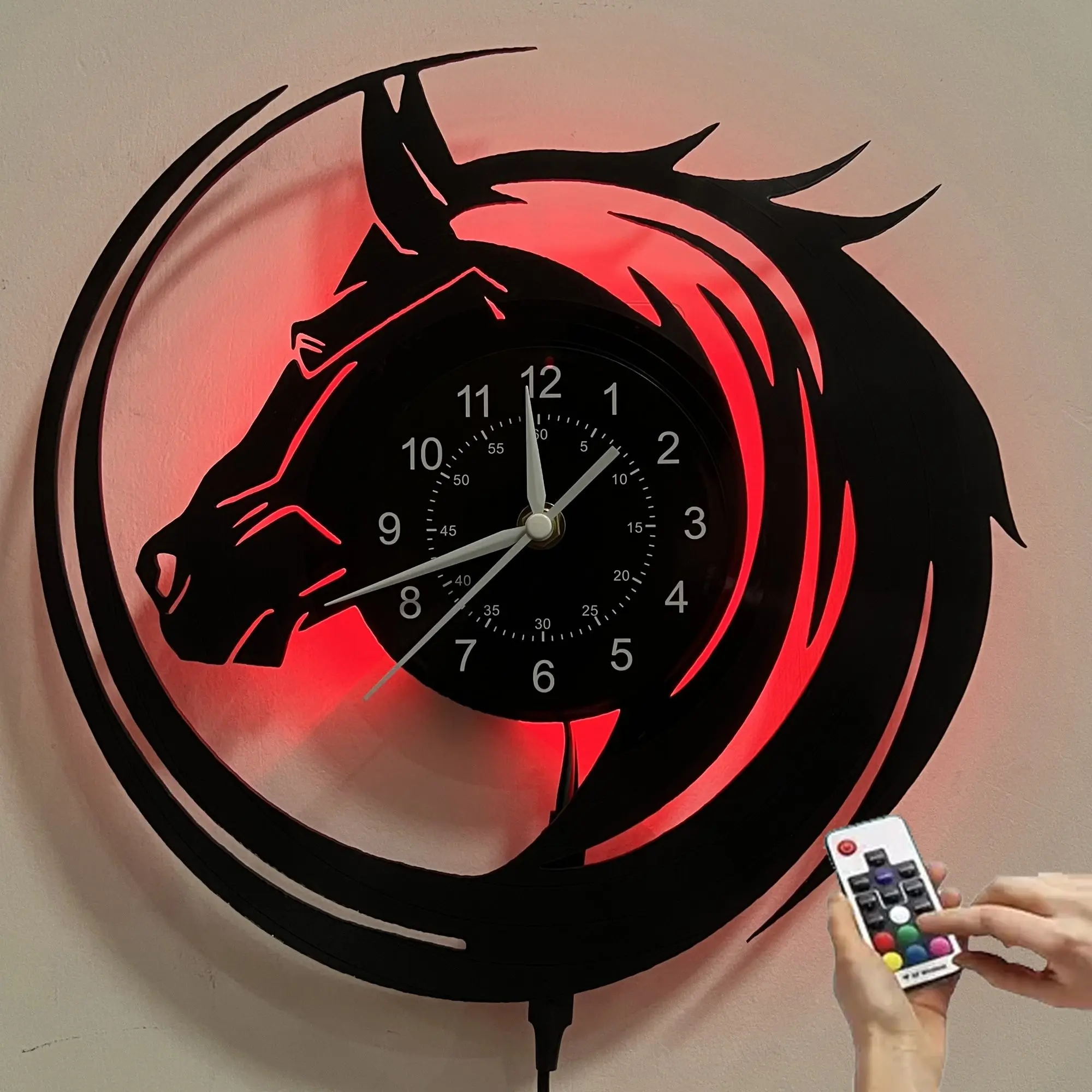 Handmade Horse Vinyl Lighted Wall Clock, Creative Decorative Clock, 7-Color Night Light LED, 12-Inch Home Art Decoration, Bedroom Living Room Farmhouse Campus Decor, Halloween Christmas Party Favors Gift