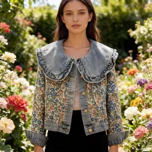 2026 New Lotus Leaf Edge Doll Collar Age Reducing Denim Jacket Short Style Jacquard Casual Versatile Long Sleeved