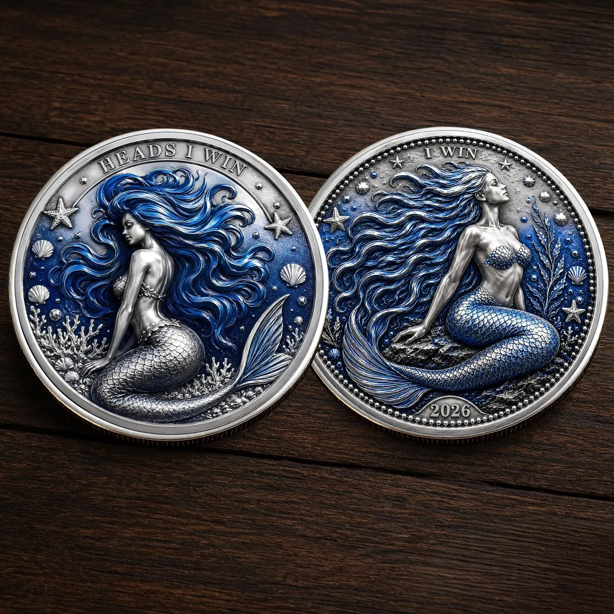 Heads I Win Mermaid Challenge Coin, Fantasy Ocean Collectible Metal Coin, Mystical Siren Gift for Mermaid Lovers Appreciation Keepsake Gifts