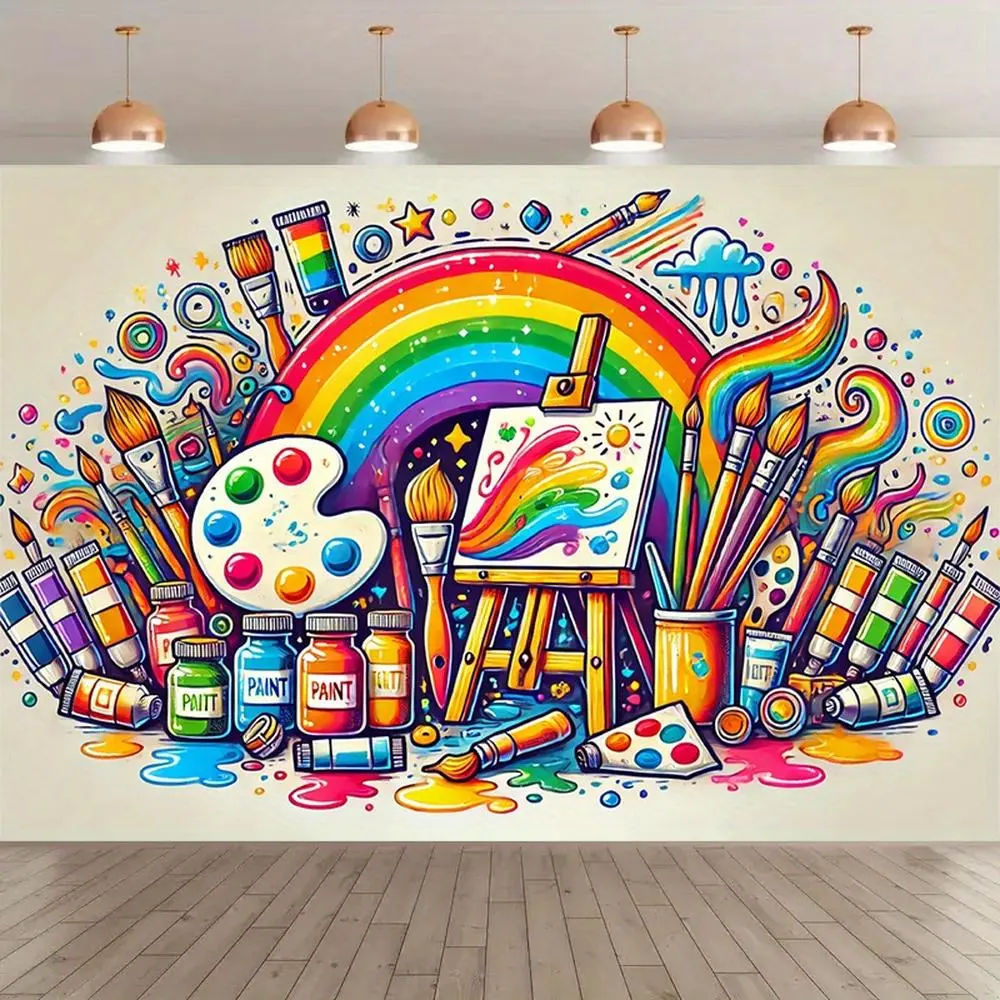 Vibrant Art Tapestry - Colorful Painting Backdrop with Rainbow, Brushes, Palette, Paints - Room Decorations, Party, Studio Use Home & Festive Supplies, Decorations For Room