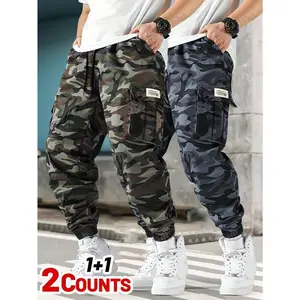 Men’s 2-Pack Breathable Camouflage Cargo Joggers – Multiple Pockets, Adjustable Drawstring Waist, Outdoor Sports Workwear (Green/Brown/Beige)