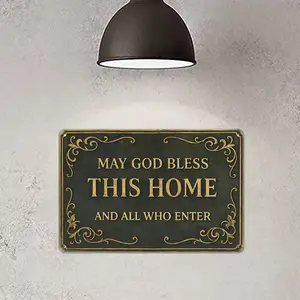 May God Bless This Home Metal Sign – Vintage Christian Wall Decor Aluminum Plaque for Entryway, Living Room, Porch – 12 x8 inch