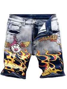 Men's Flame & Winged Eye Print Denim Shorts, Vintage Washed Streetwear Jorts