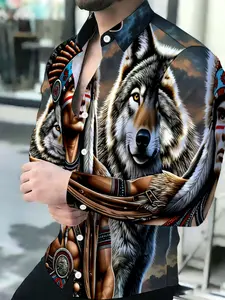 Men's Breathable Lapel Long Sleeve Blue Wolf Print Cardigan