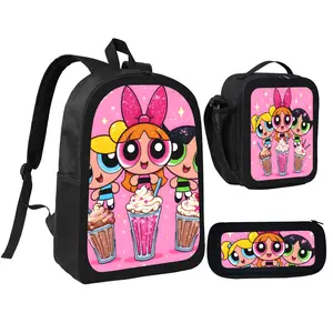 Powerpuffs Girlss Backpack With Lunch Box Pencil Case 3 In 1 For Boy Girl Teen Schoolbag Lightweight Large Capacity 600D Oxford Cloth Adjustable Straps Comfortable Mesh Back Cushioning backpack goals-A