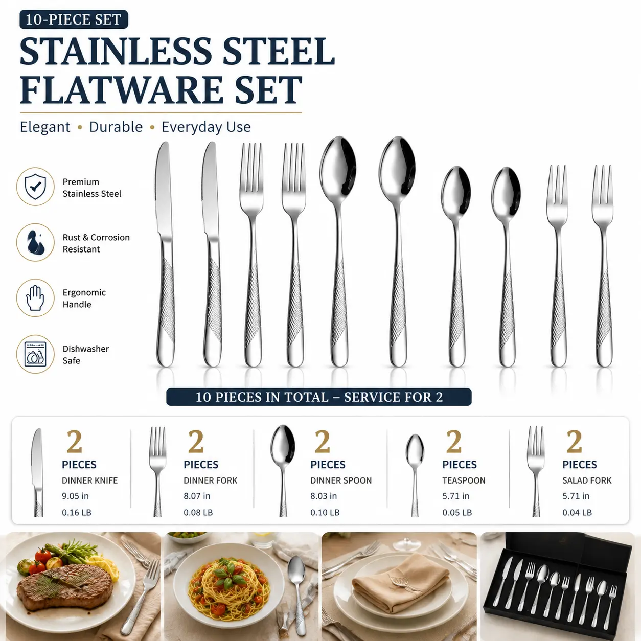 10-Piece Stainless Steel Flatware Set for 2, Modern Silverware Set with Ergonomic Handle, Rust Resistant & Dishwasher Safe, Dinner Knife Fork Spoon Teaspoon Salad Fork Set for Daily Dining & Gifts