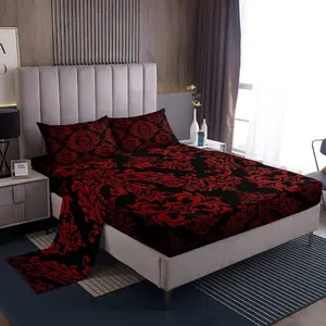 Feelyou Adults' Red Vintage Damask Floral Bedding Set - Oriental Antique Decorative Bedsheet Sets with Deep-Pocket Fitted Sheet, Gothic Bohemia Floral Pattern Microfiber Bedding