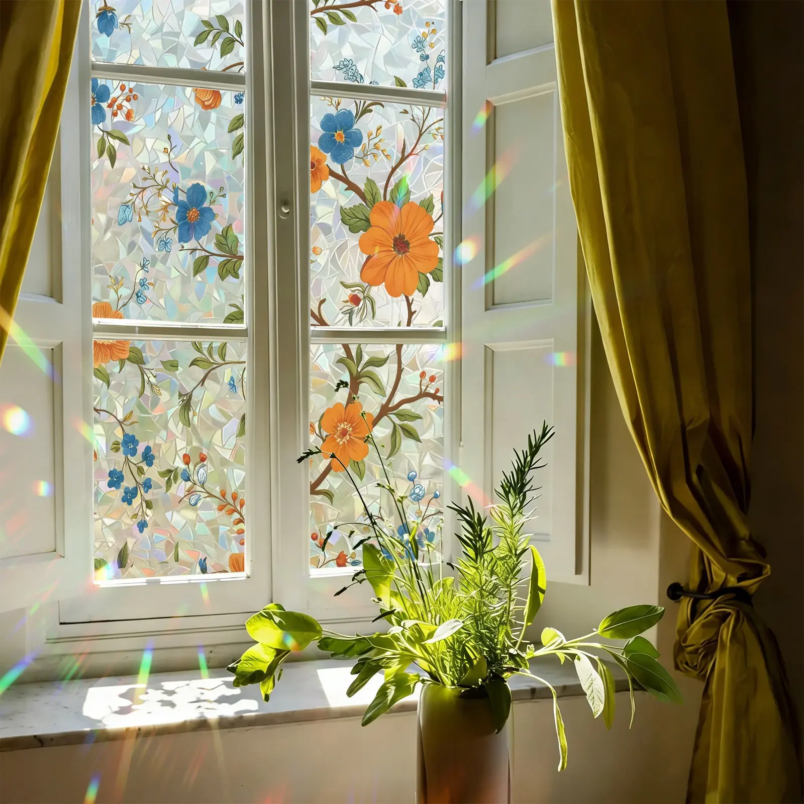 1 roll iridescent window film with floral and bird pattern, decorative privacy film for glass. Static cling, self-adhesive, removable and easy to apply. Ideal for windows and doors, enhancing home aesthetics and room décor.