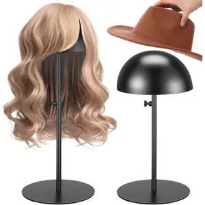 2 count Hat Display Stand 7.9-15.7 Inch Adjustable Hat Holder Sturdy Wigs  Stand Anti-rust Non-slip  Stainless Steel Metal Hat Rack for Multiple Hats Storage Wig(Black,Round Base)