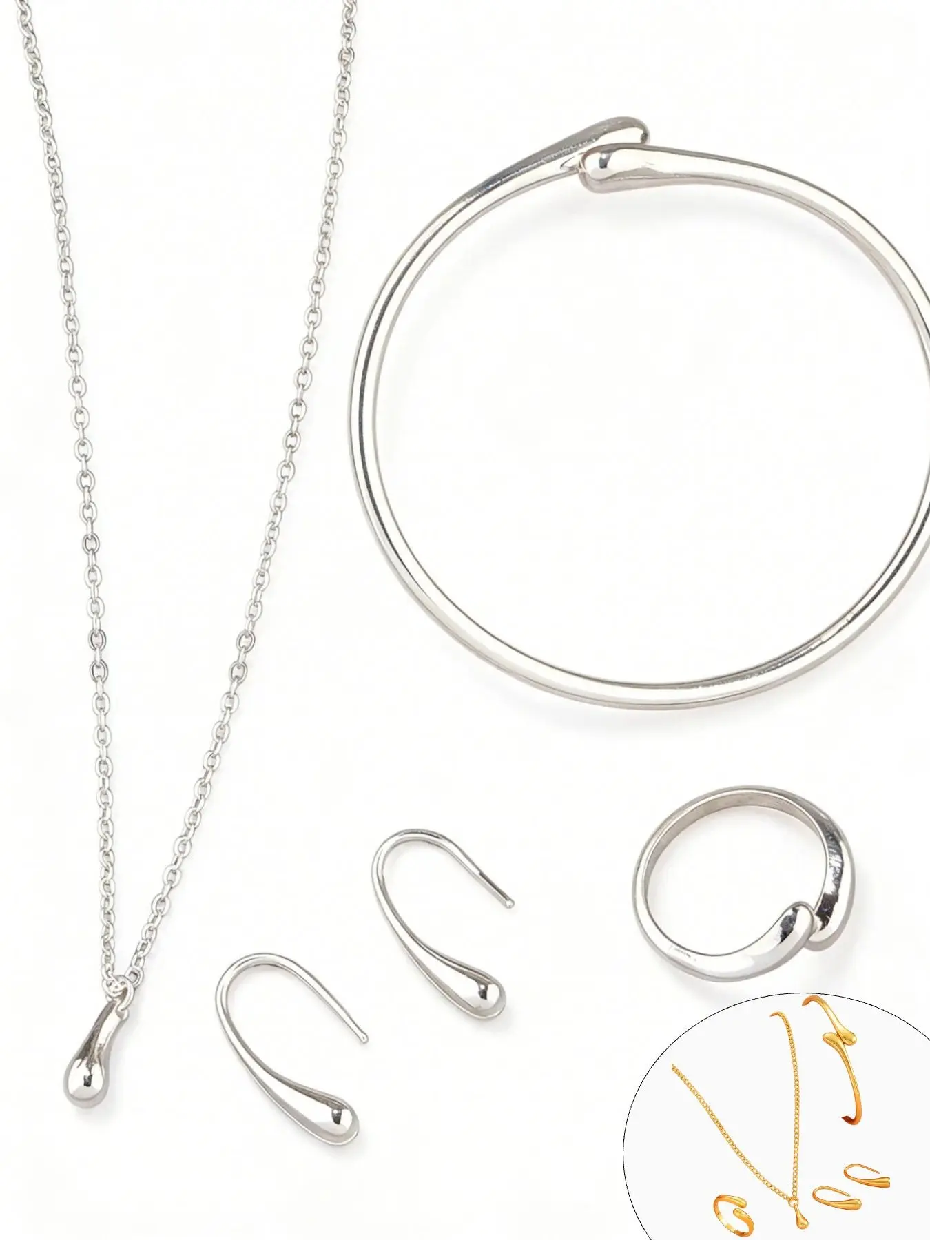 Teardrop Elegant Jewelry Set for Women, 4-Piece Minimalist Water Drop Collection (Necklace, Bangle, Earrings, Ring), Available in Gold & Silver Tone, Waterproof & Tarnish-Resistant, Perfect for Daily Wear & Gifting, Accessories Set