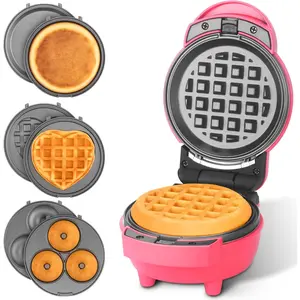 4 in 1 mini waffle maker with removable plates a set of mini pancake maker mini donut maker mini heart shape waffle maker and small waffle maker compact size recipe included