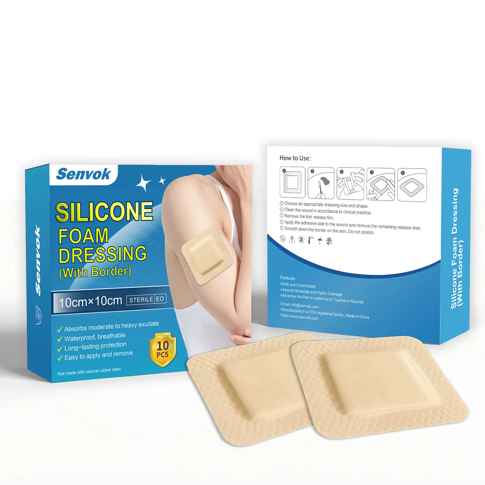Senvok ​Silicone Foam Dressing with Border Adhesive | 10cm x 10cm | Gentle Protection for Delicate Skin | 10 Pack​