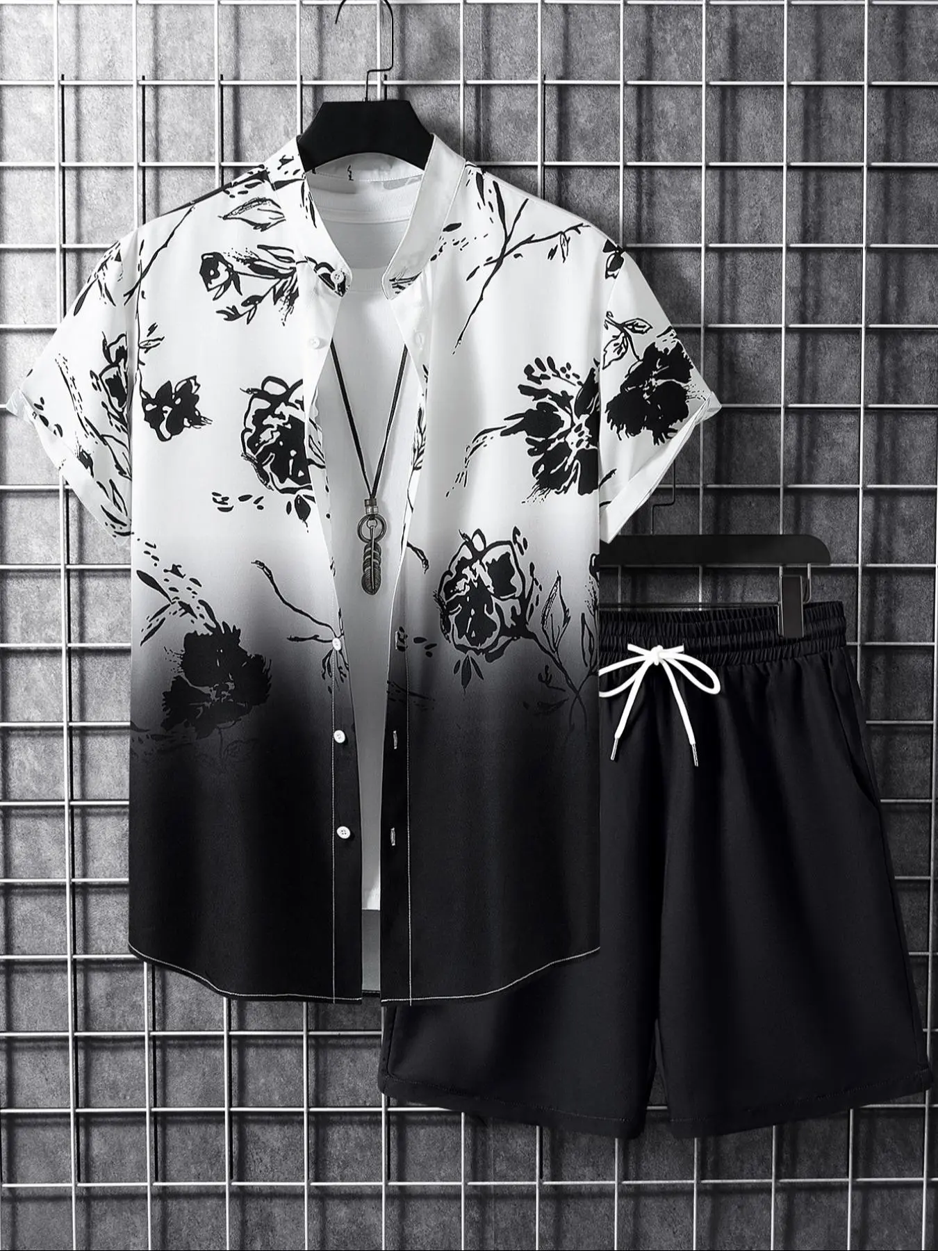 Men's Spring Summer Gradient Casual Stand Collar Floral Print Set Outfit, Fitted Woven Fabric, Regular Length, Streetwear Style