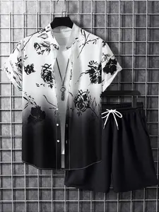 Men's Spring Summer Gradient Casual Stand Collar Floral Print Set, Fitted Woven Fabric, Regular Length, Streetwear Style