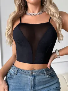 Mesh Panel Cami Crop Top for Women, Ribbed Sleeveless Camisole, Y2K Sexy See Through Tank Top, Underwear, Club Party & Daily Wear