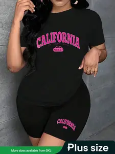 【Plus Size】 Two-Piece Set  Letter Print Crop Tee & Shorts, Casual Round Neck Short Sleeve Fitted T-shirt & Skinny Shorts, Women's Summer Clothes for Daily Wear, Suits, Matching Clothing Set