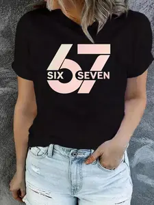 Women's Soft Lightweight Pink T-Shirt with 67 Number & Six-seven Print - Short Sleeve Crew Neck Casual Top, Medium-Stretch Fabric Suitable for Party & Casual Attire - Spring Summer Fall Machine Washable 67 Graphic Tee