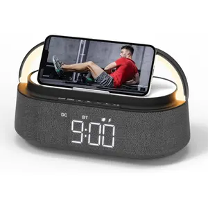 Bluetooth speaker with wireless charger 6 in 1 bedroom portable speakers with fm radio adjustable led night light dual wireless charger phone stand for bedside home office gift