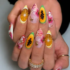 Tropical Fruit Press On Nails 10PCS, Handmade Acrylic Art Nail Set, Glossy Gel Design, Reusable Salon Quality Nails, Cute Nail Box Gift