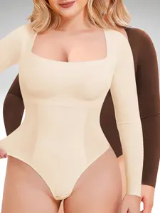 2-Pack Long Sleeve Compression Bodysuits – Women’s Square Neck Shapewear Tops With Tummy Control Fabric Womenswear