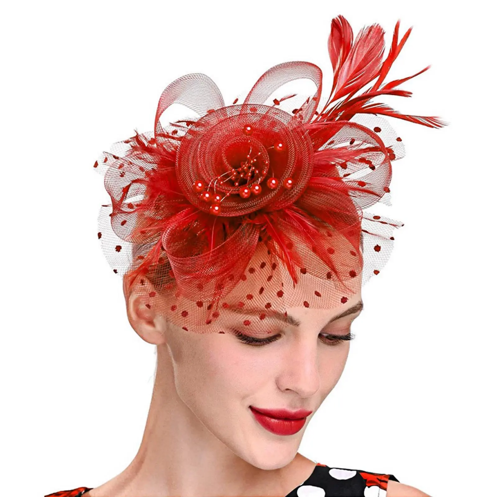 OIDEA Women's 3D Floral Polka Dot Fascinator Hat Set - Lightweight 16x16cm Clip-On with Feather Veil, Lace Gloves, Derby Headbands, Party Wear for Bridesmaids, Church Events, Best Friend Gatherings, Kentucky Derby