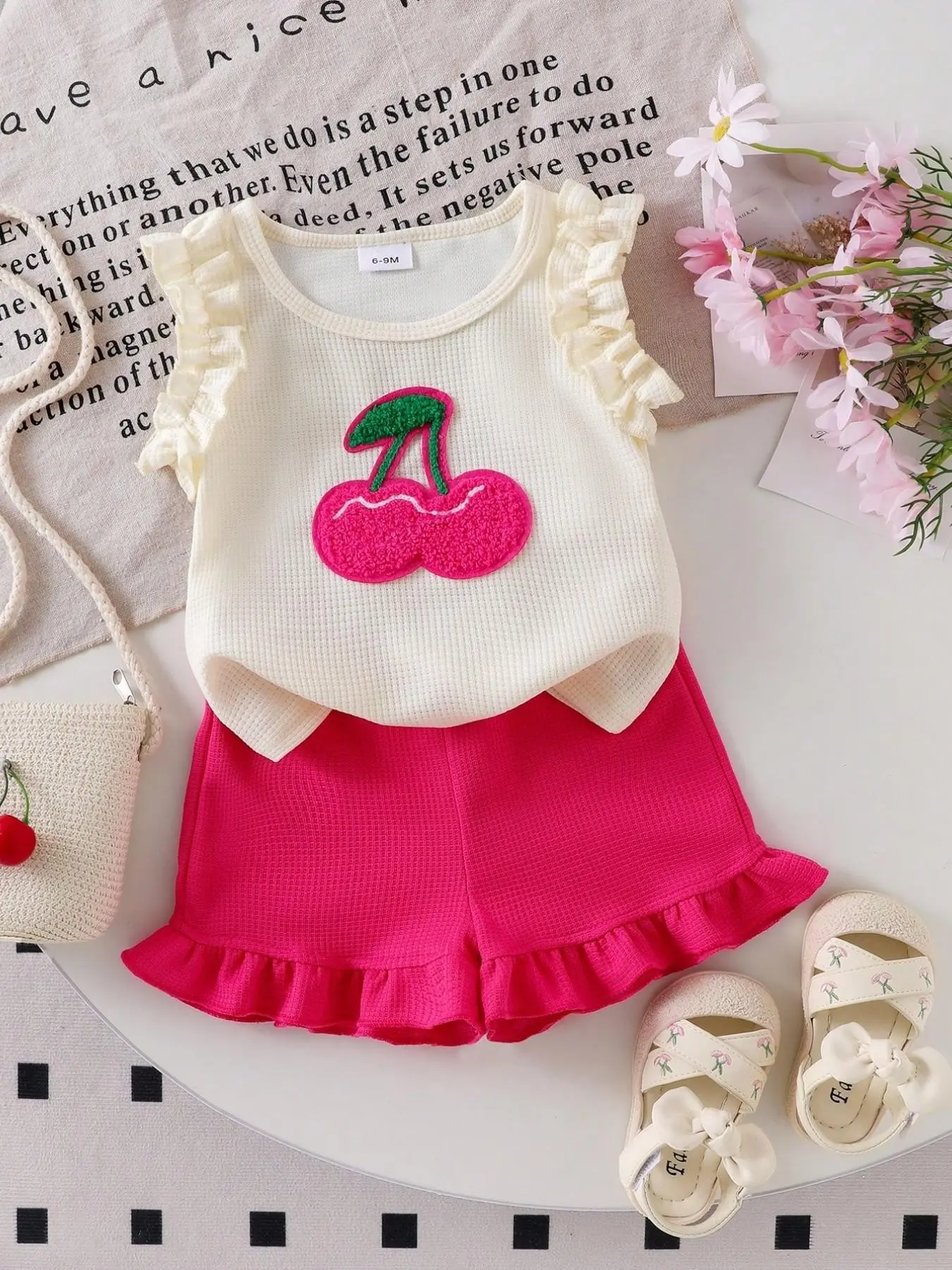 Baby Girl Summer Fashion 2-Piece Set Outfits, Baby Clothing, Embroidered Cherry Vest Top with Wooden Trim, Elastic Waist Casual Shorts, Sleeveless Blouse