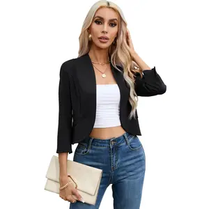 Women's Cropped Open Front Blazer, Stand Collar 3/4 Sleeve Ruched Cuff Jacket (95% Polyester 5% Spandex)