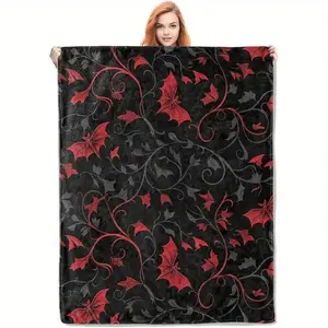 Halloween Gift, Flannel Blanket, Elegant red and black bat pattern, cozy blanket, Halloween decoration