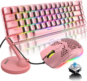 60% Mechanical Gaming Keyboard and Mouse Combo with Mouse Bungee Mouse Pad,68 Keys Wired Type C 18 Backlit Effects RGB 6400DPI Honeycomb Mice macaron  keyboard clix  keyboard