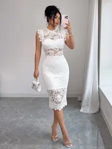 Women’s Solid-Color Sleeveless Lace-Panel Dress, Summer Fashion Waist-Cinched Slim Lace Mini Dress, Suitable for Daily Commuting, Dates, and Parties, Ideal As A Mother’s Day Gift.