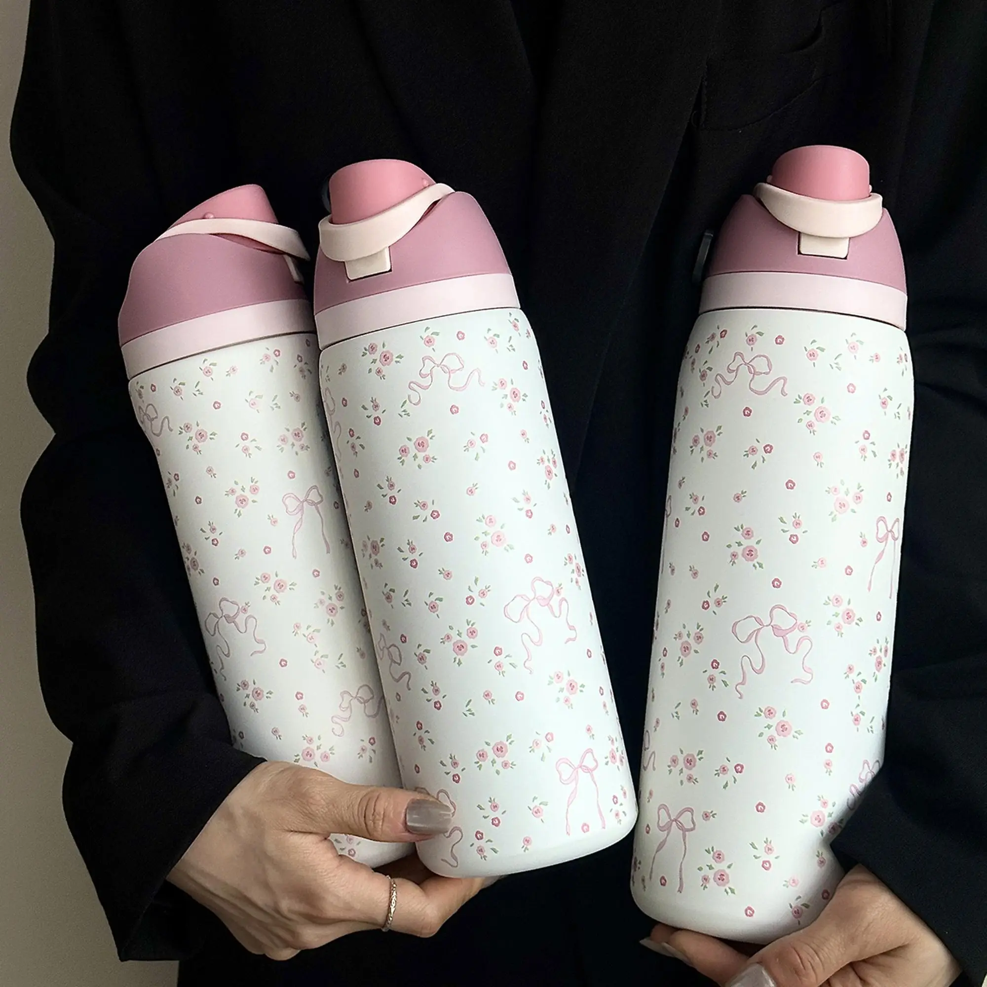 Floral Pattern Insulated Water Bottle, 1 Count Portable 24oz-32oz-40oz Stainless Steel Vacuum Flask with Straw, Vacuum Insulated Tumbler, Summer Cool