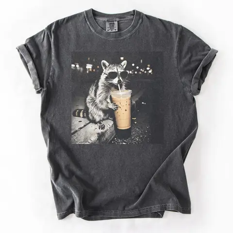 Comfort Colors Raccoon Drinking Iced Coffee Shirt | Funny Animal Meme Tee | Coffee Lover Raccoon Shirt | Comfort Colors Tshirt, Unisex Graphic T Shirt