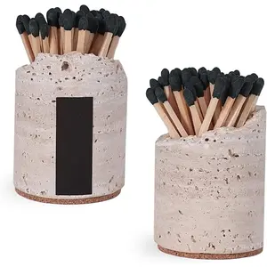 Match Holder with Striker - Set of 2 - Handmade Travertine Match Box - Matches in a jar for Bathroom Candle - Cute Home Decor - Matches Not Included
