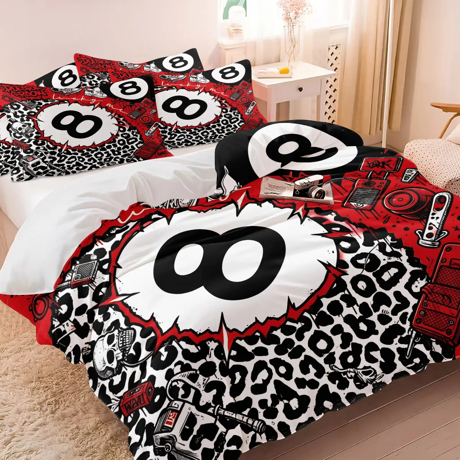 Street Art Style 8 Ball Pool Duvet Cover Set, 1 Duvet and 1-2 Coreless Pillowcases, Black White Red Color and Leopard Print Graffiti & Lucky Black 8 Pool, Soft Comfort Bedding, Vintage Y2K Bedroom Decor