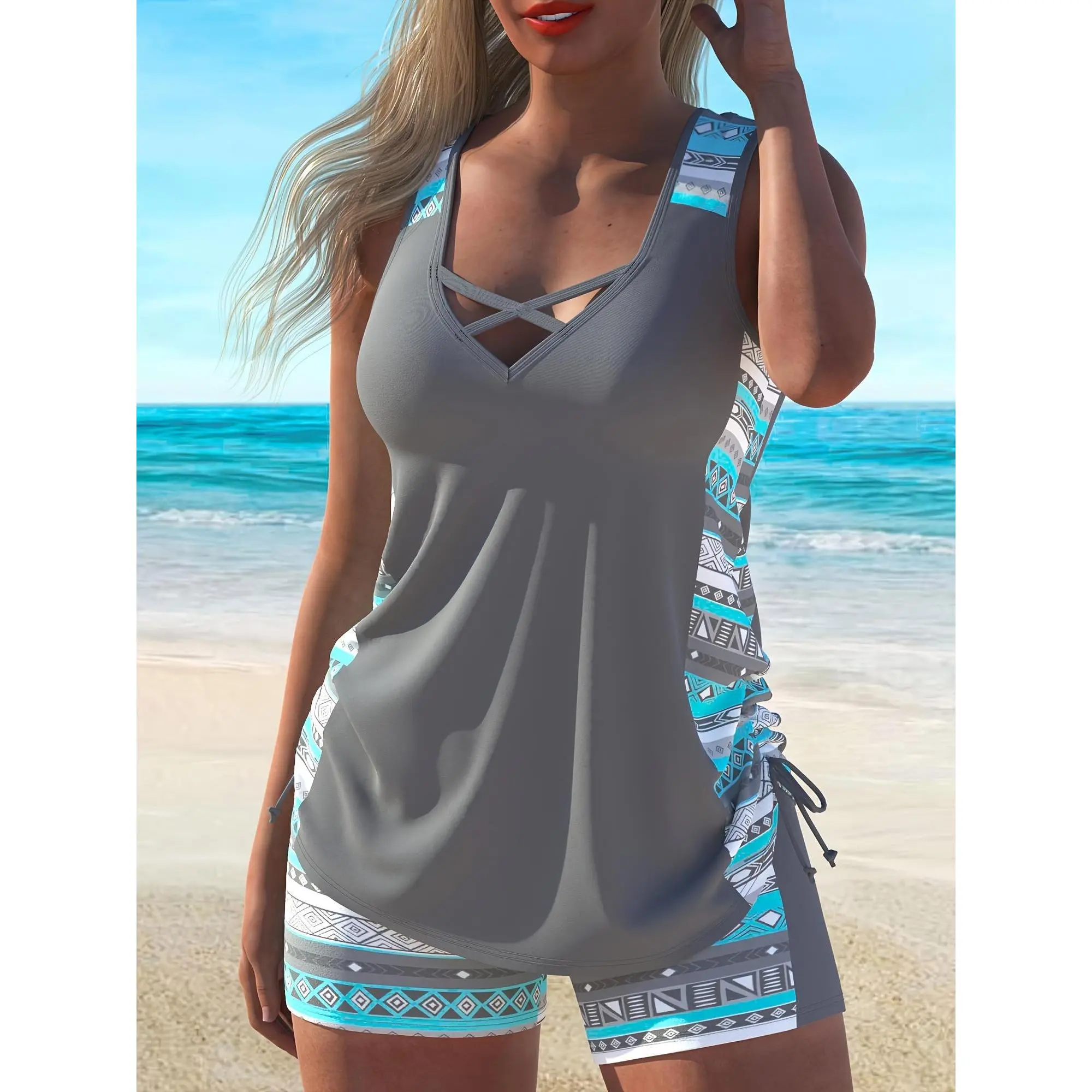 Women's Conservative Tankini Set, 2-Piece High Waist Swimsuit with Boyshorts, Sporty Chic Beach Wear with Padded Strap Top, Female, Solid, Synthetics, No