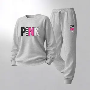 Women's Pink Letter Print Crewneck Sweatshirt and Drawstring Track Pants Set, Casual Sportswear, Long-Sleeve Round Neck Top and Pants, Suitable for Spring, Autumn and Winter, Everyday Wear