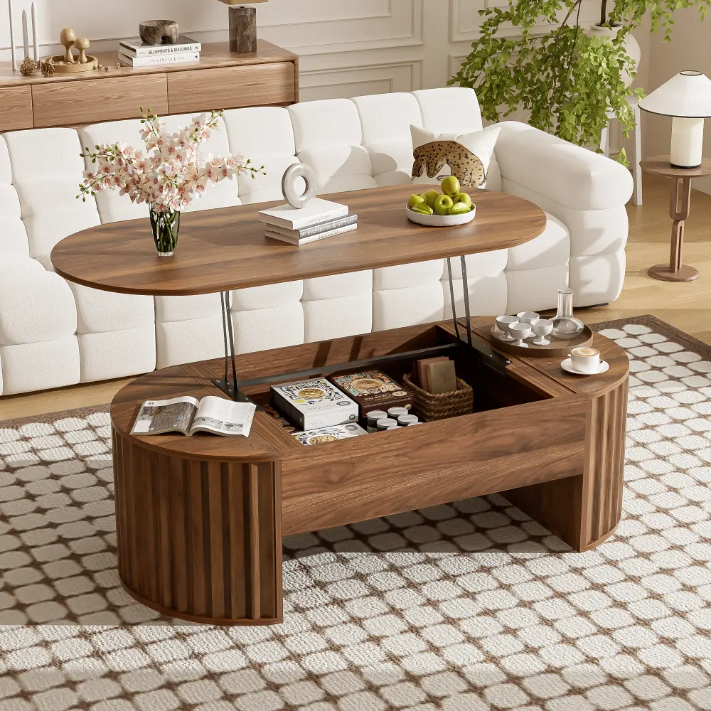 U-Can 47.2" Wide Leather Modern Oval Lift Top Storage Coffee Table, 45 lbs, 23.6" Deep x 16.5" High, Hidden Compartment, MDF Wood Grain Finish, 0.5 Hours Setup, Partially Assembled for Home Living Room