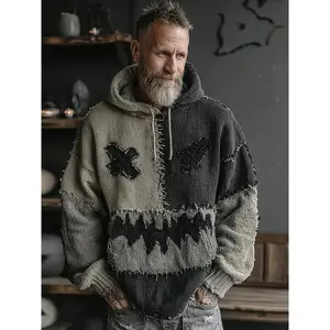 Men's Gothic Hooded Sweater Bat Pocket Weird Face  Knitted Pullover Halloween Streetwear Warm Winter Crewneck Plus Size Color Block
