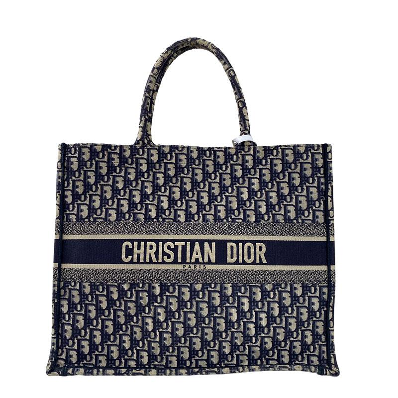 Pre-owned Dior Premium Dior Oblique jacquard canvas Shoulder Bags Christian Book Tote Large, Oblique Jacquard, Navy/Beige, Authenticated.qg1288#