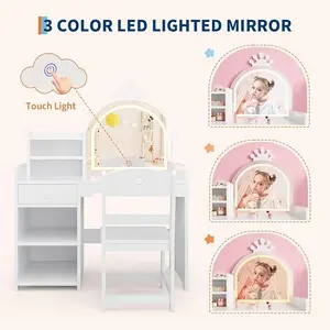 Vanity Table and Chair Set with Mirror , Makeup Vanity Desk with Drawer and Open Storage Shelves, Wooden Dressing Table for Little Girls Bedroom