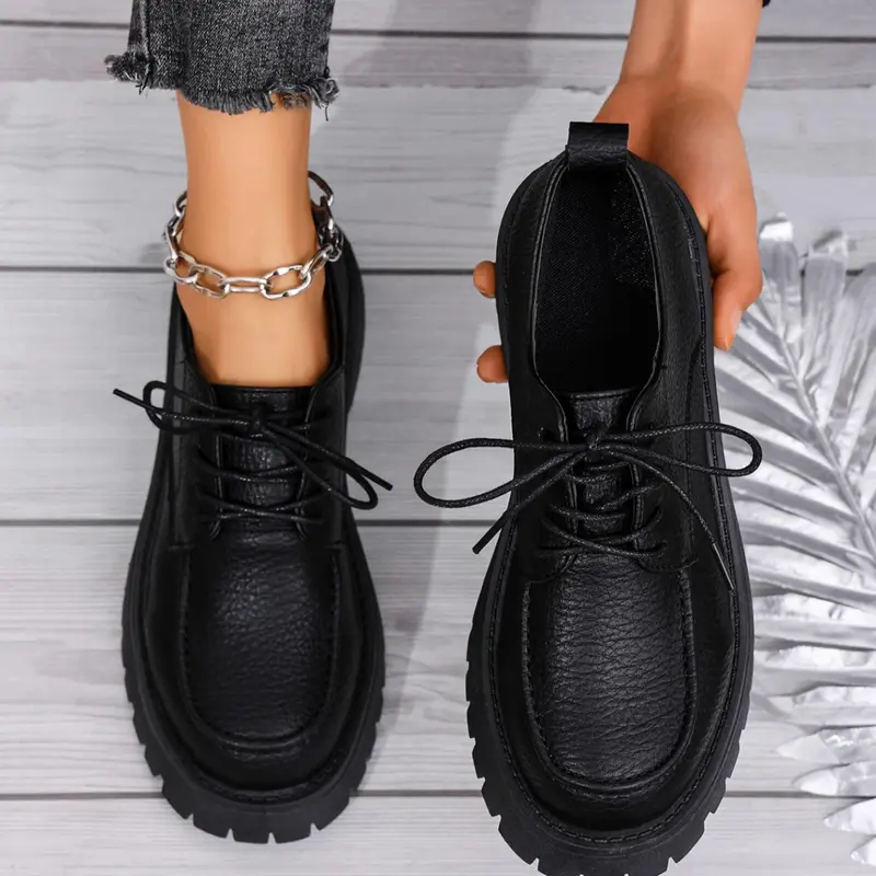 Women's Solid Color Lace Up Derby Shoes, Casual Comfortable Round Toe Oxford Shoes Lace Up Oxfords for Daily Wear, Female All-match Shoes, Casual Business Shoes, Office Shoes, Business Style Footwear, Oxford Footwear