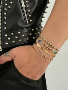 Men's Layered Bracelet Set, Hip Hop Multi-Layer Cross Color Gem Twisted Chain Flat Snake Bracelets, Trendy Men's Accessories