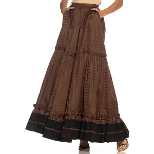 1970S LANVIN Brown Haute Couture Silk Full Pleated Peasant Skirt
