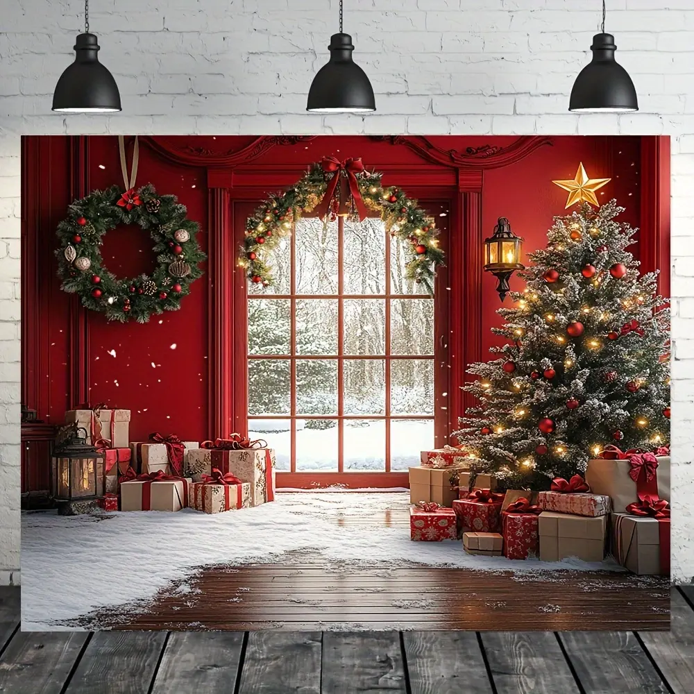 Extra Large Winter Christmas Backdrop Banner, 1PC 8x6ft (243.84x182.88cm) Weatherproof Frameless Polyester Print, Snowy Window & Christmas Tree Design, Durable Home Decor Doorframe Ornament for Outdoor Use, No Electricity Needed, Home Decor Ornament
