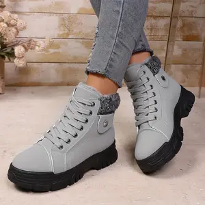 Women's White Faux Cover High-Top Ankle Boots with Lace-Up Closure Plush Rubber Sole Winter Warm Round Toe Boots for Dresses Jeans Casual Elegant All-Season Versatile Booties Hand Washable Fall Boots for Women Ladies - Girl