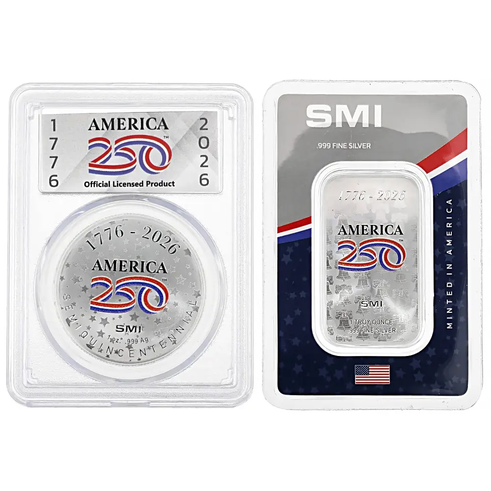 JTV 0.999 1oz Silver Round Medallion and 0.999 1oz Silver Ingot America250(TM) Set of 2