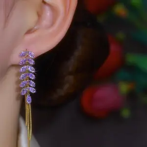 Shiny Purple Zircon Wheat Ear Stud Earrings for Women, DDES0163 Long Tassel Gold-Plated Earrings, Copper Alloy, Suitable for Round and Square Faces, 14K Gold-Plated